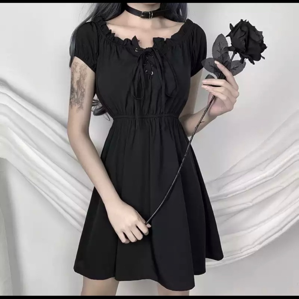OffShoulder Black Gothic cute High Waist Dress